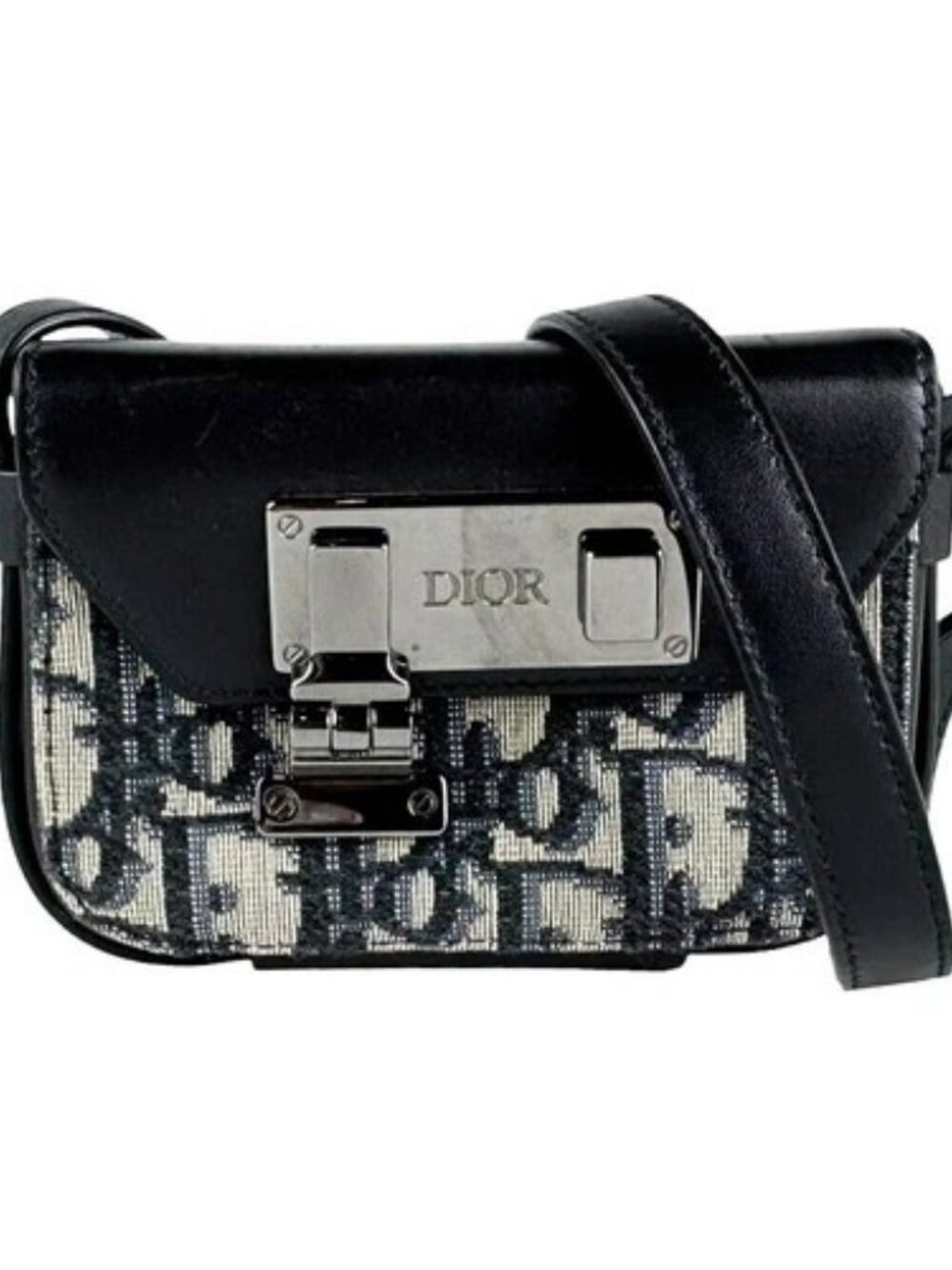 Auth Christian Dior Shoulder Bag Black/Navy Leather/Canvas/Silvertone - z11047